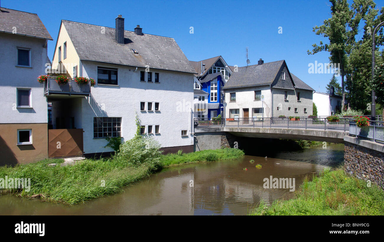 Germany Simmern Hunsrück Simmerbach Simmerbach valley Külzbach Soonwald bridge houses Rhineland-Palatinate Stock Photo