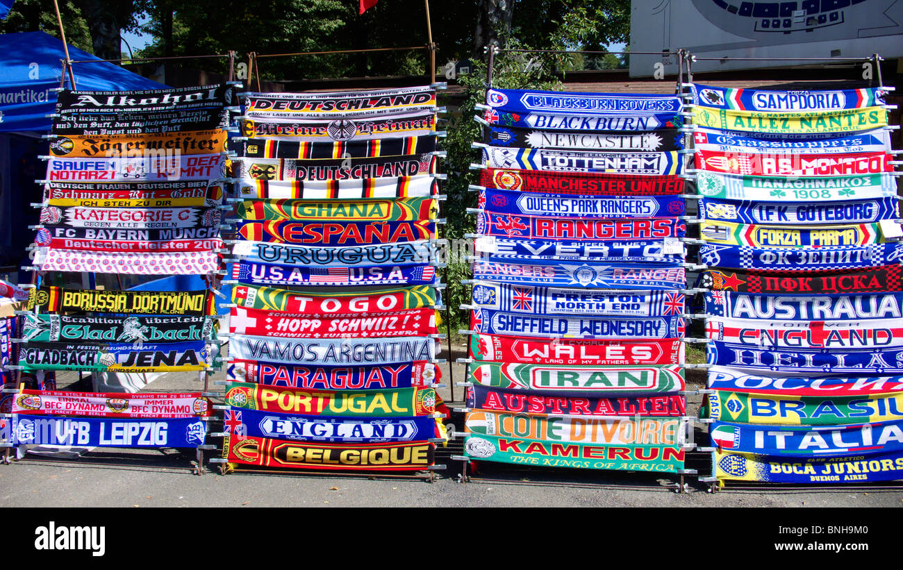 Soccer football sport sport fan fans shop stall stand scarves Germany clubs Stock Photo