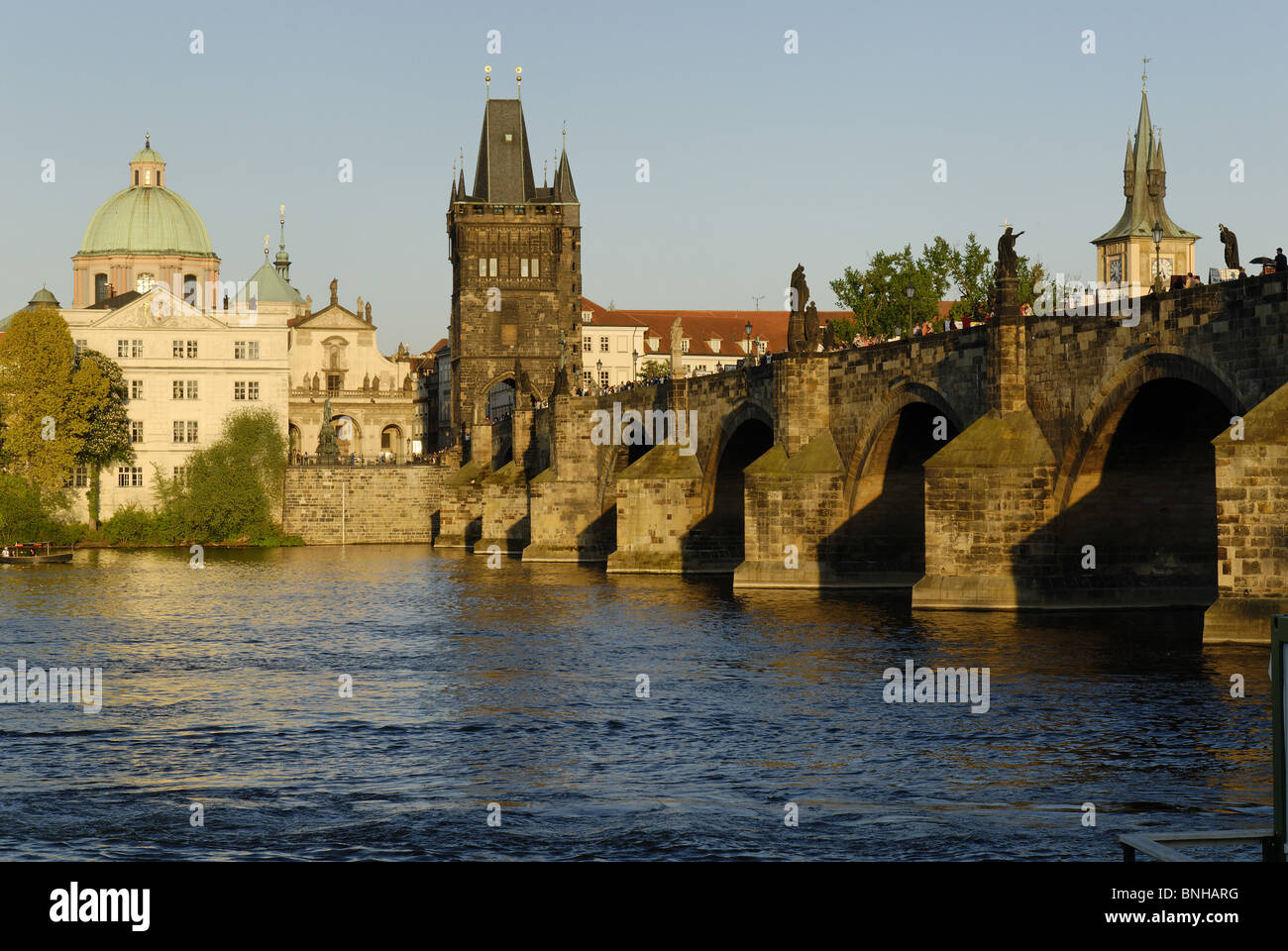 Karl's bridge old town-dweller Brückenturm Moldavia Prague Czechia Czech Republic Europe Old Town building blue sky Bohemian Stock Photo