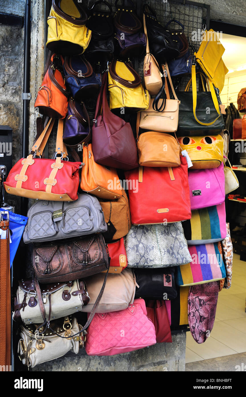 Display of leather handbags for sale in Italy Stock Photo