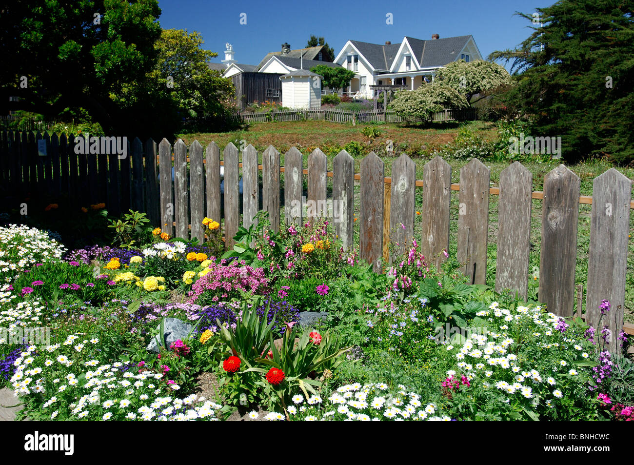 Usa Mendocino California Flowers Flowering Nature Fence Garden House Houses United States of America Stock Photo