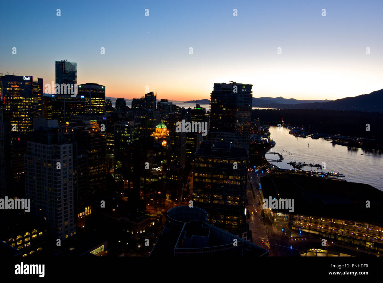 Aerial view of illuminated buildings of downtown Vancouver at night ...