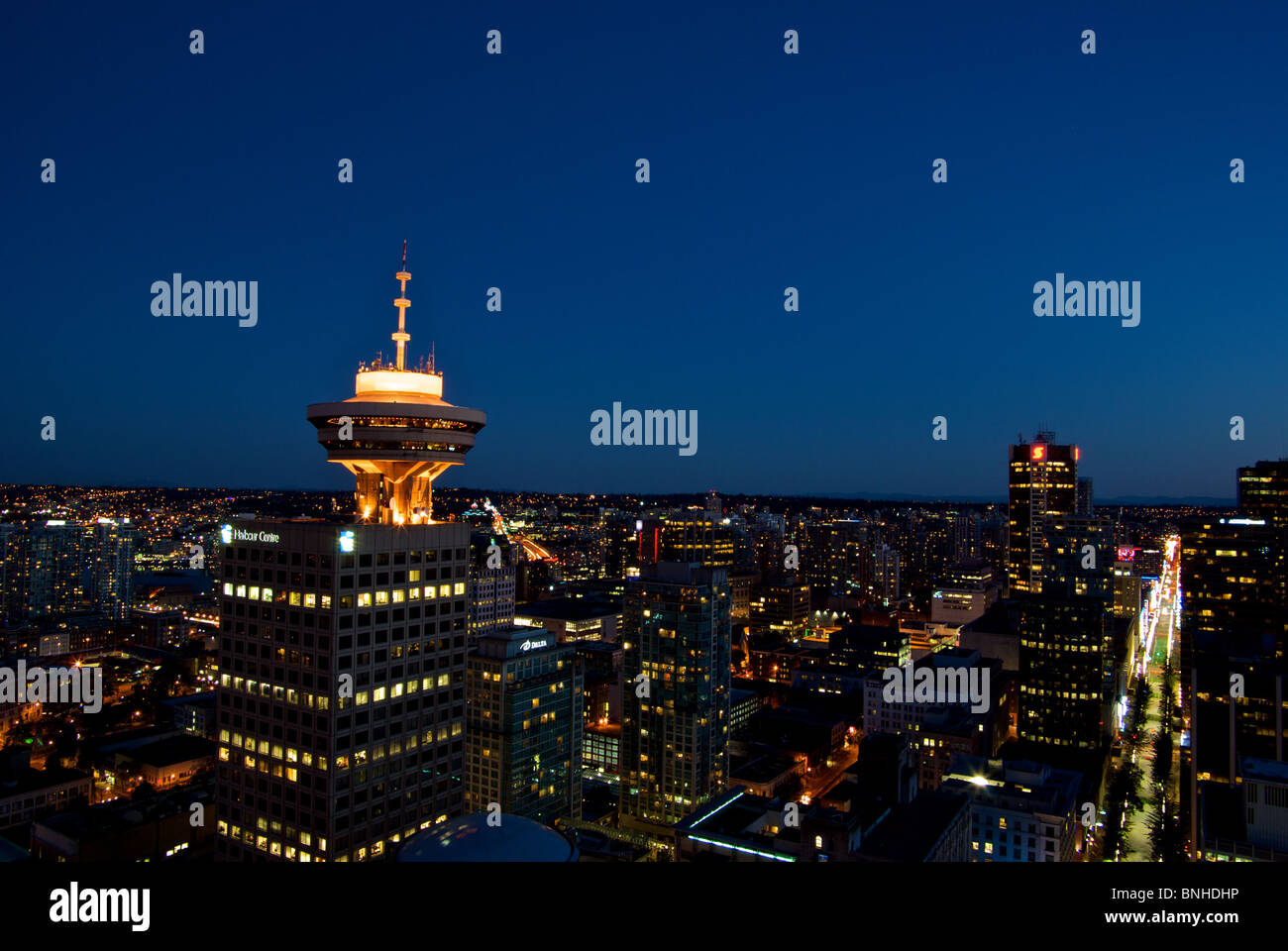 Aerial view of illuminated buildings of downtown Vancouver BC at night ...