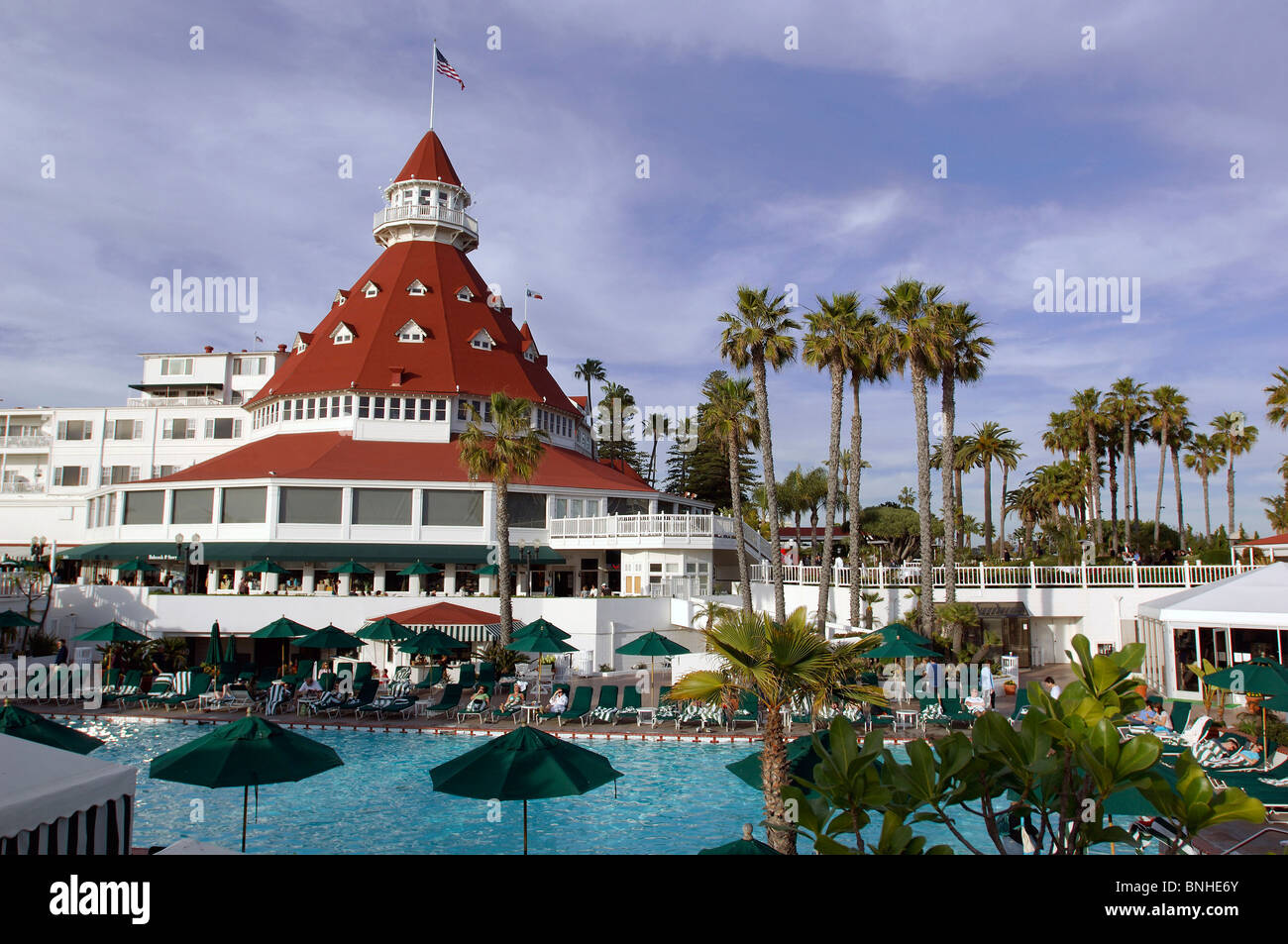 Usa San Diego California Hotel Del Coronado Coronado Beach Swimming Pool Tourism Resort Palm Resort United States of America Stock Photo