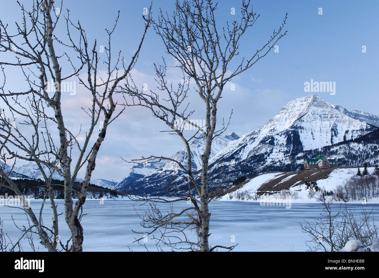 Canada Waterton Alberta Winter Prince Of Wales Hotel Waterton Lakes National Park Landscape Scenery Lake Snow Cold Mountains Stock Photo