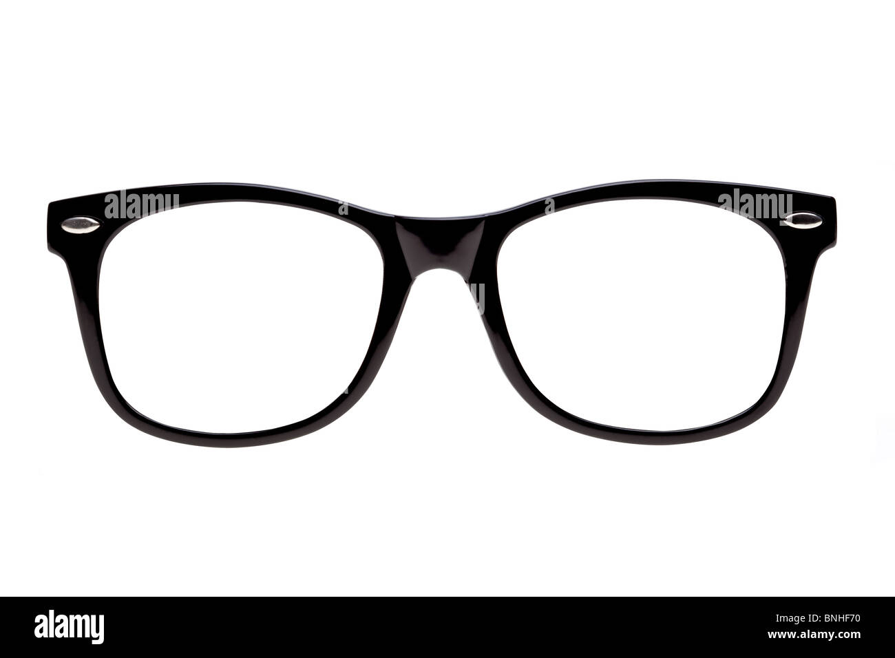 Photo of Black spectacle frames the type of glasses nerds wear, isolated on white with clipping paths for the frames and lenses Stock Photo