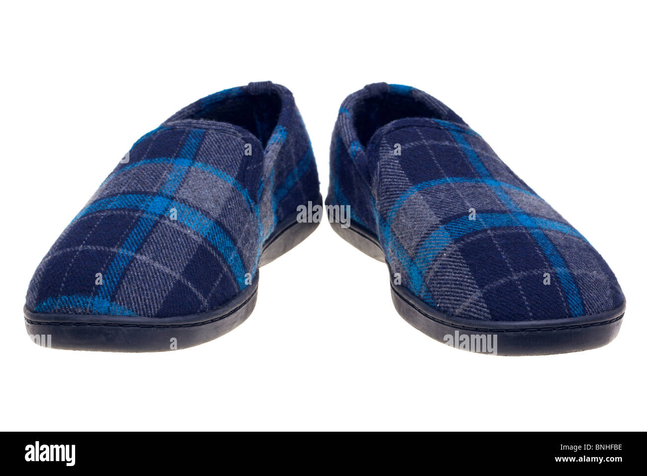Photo of blue tartan slippers isolated on a white background. Stock Photo