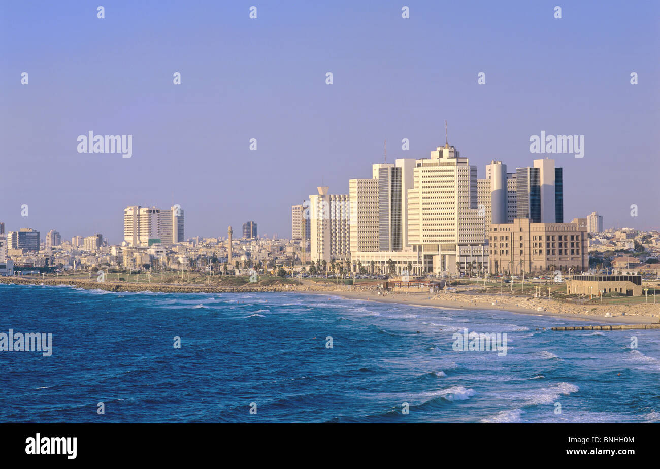 Israel Tel-Aviv skyline Mediterranean sea coast beach sunset view 