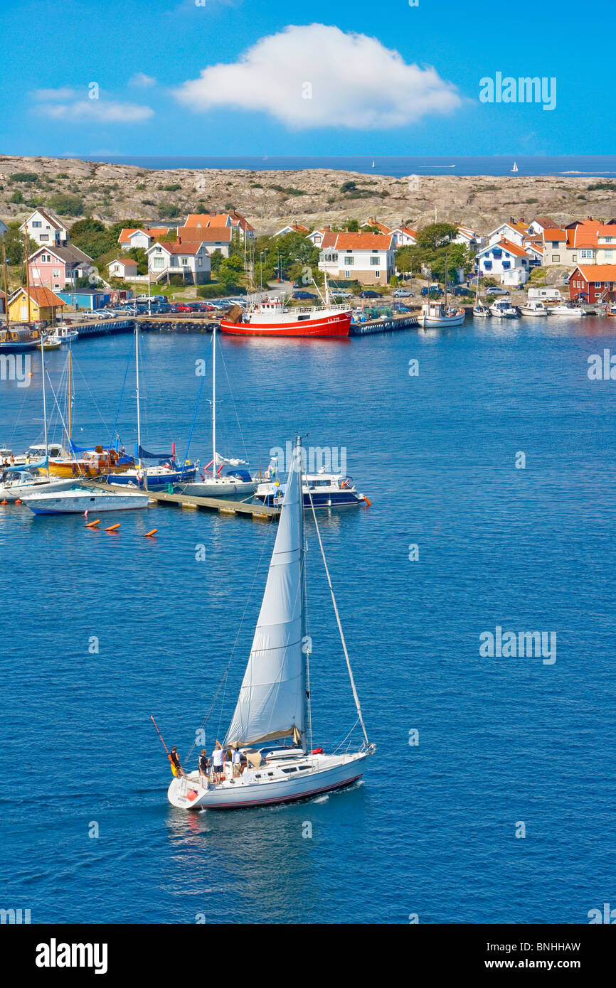 Sweden Smögen Bohuslän West Coast sailing Archipelago Aerial view Boat Boats Building Buildings Coastal Town Day Daytime Europe Stock Photo