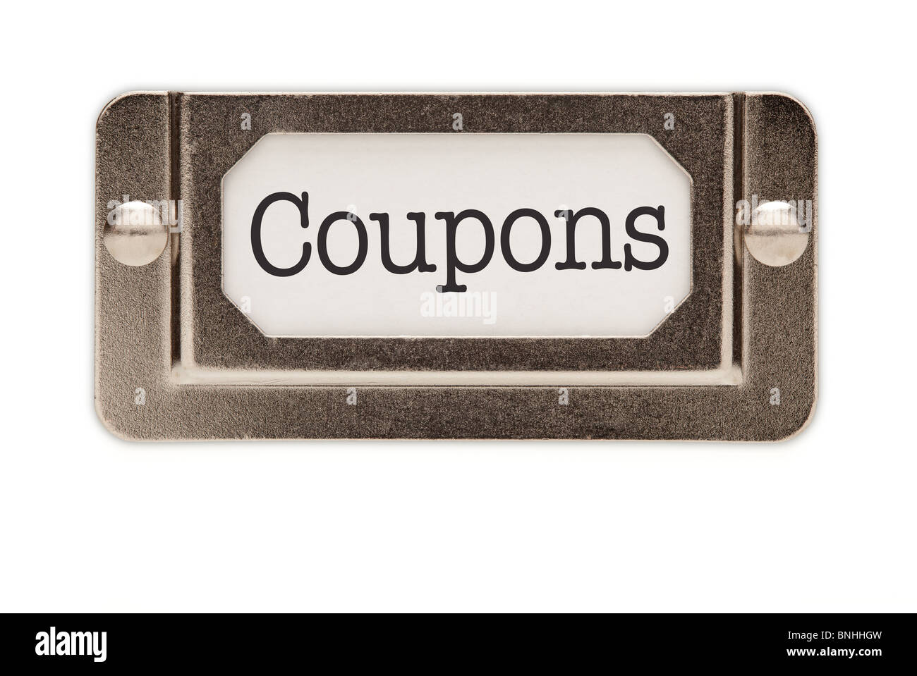 Coupons File Drawer Label Isolated on a White Background. Stock Photo