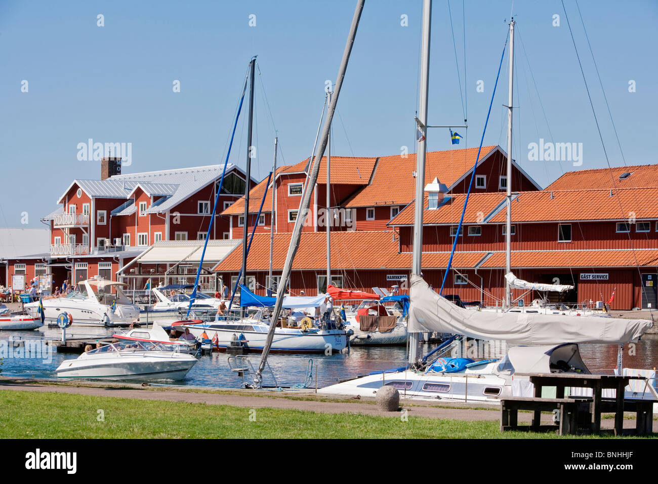 Sweden Motala Oestergötland Motalamotala Harbour Boat Boats Canal Canals City Contemporary Day Daytime Europe Exterior Göta Stock Photo