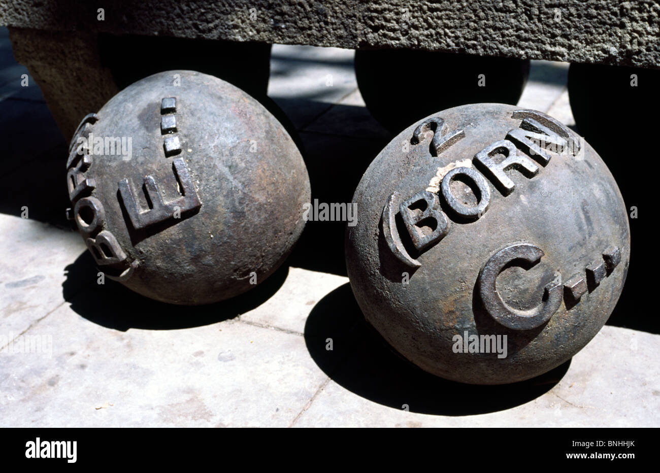 Cannonballs at Born district of Barcelona commemorating the 1714 siege of Barcelona. Stock Photo