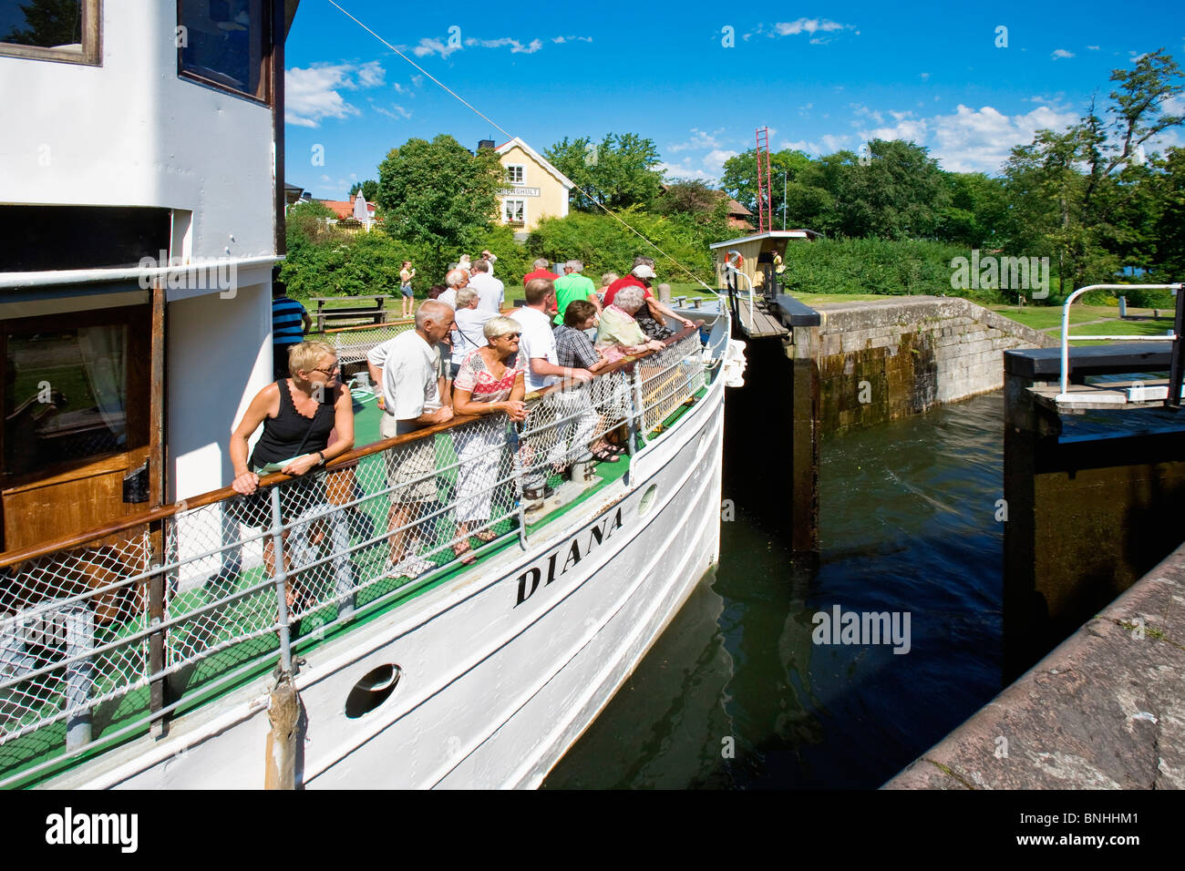 Sweden Borenshult Oestergötland Boat Boats Canal Canals Contemporary Day Daytime Europe Exterior Floodgate Flow Göta Göta Canal Stock Photo