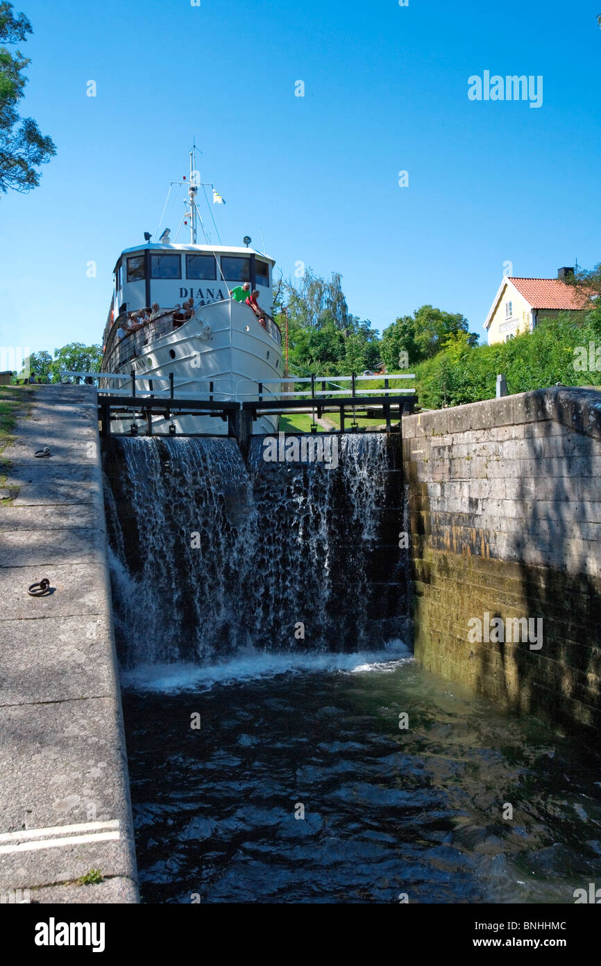 Sweden Borenshult Oestergötland Boat Boats Canal Canals Contemporary Day Daytime Europe Exterior Floodgate Flow Göta Göta Canal Stock Photo
