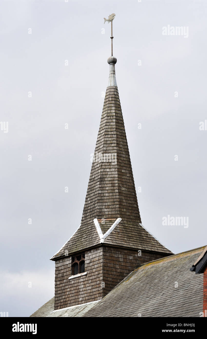 Wooden shingle-clad steeple. Church of Saint Oswald. Knott End, Preesall. Lancashire, England, United Kingdom, Europe. Stock Photo