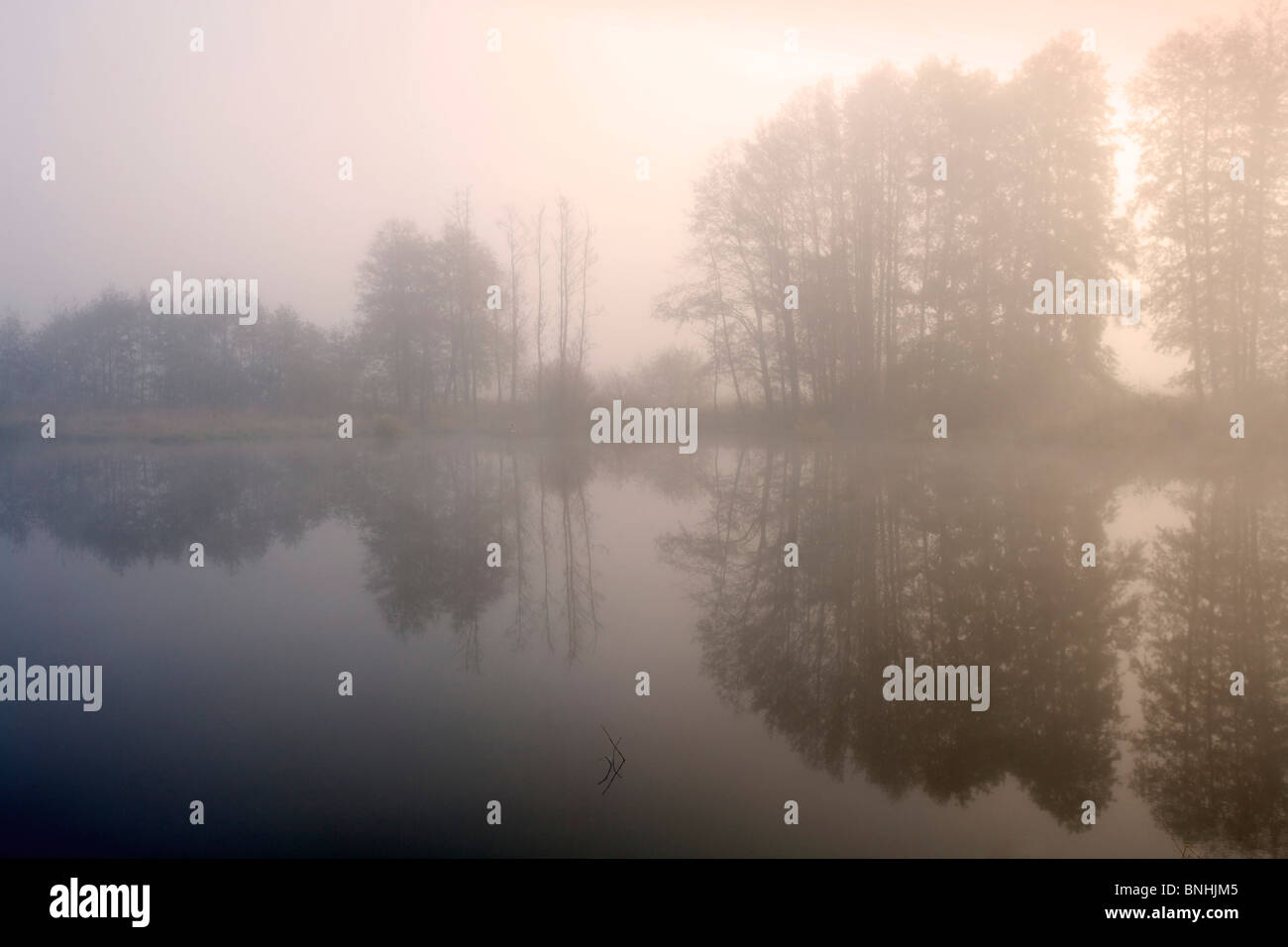 Czech Republic Southern Bohemia Foggy Morning Calm Calmness Colors Colours Dawn Daytime Europe Exterior Fog Landscape Stock Photo