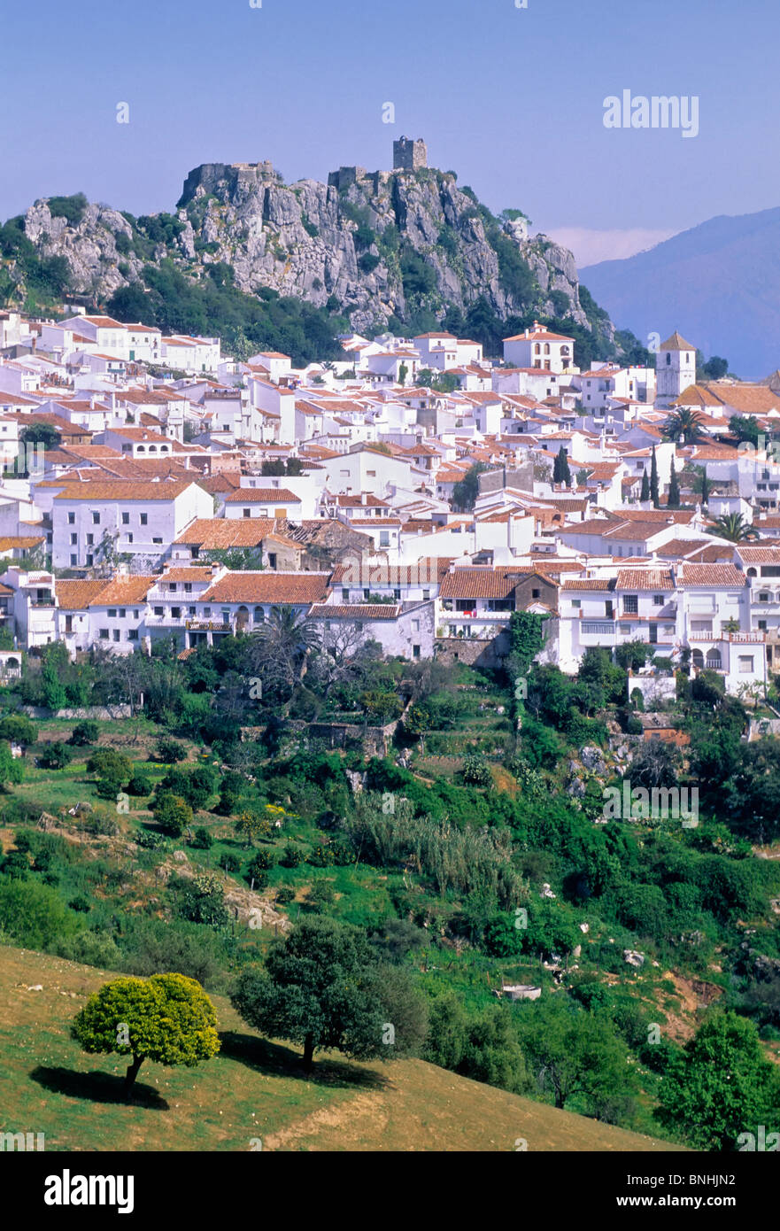 Spain Gaucin Andalucia White Village Andalusia Day Daytime Europe Exterior Hill Hills House Houses Malaga province Mountain Stock Photo