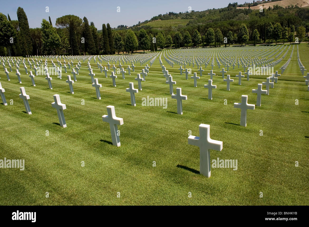Italy. The Florence American Cemetery and Memorial, just outside Florence in Tuscany where 4,402 men of WW2 are laid to rest an Stock Photo