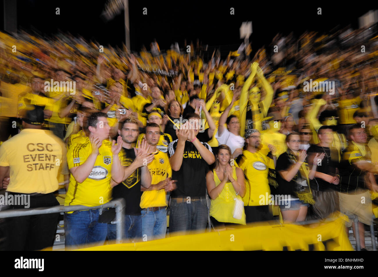 Columbus Crew fans celebrate. Zoom blur straight from camera Stock Photo