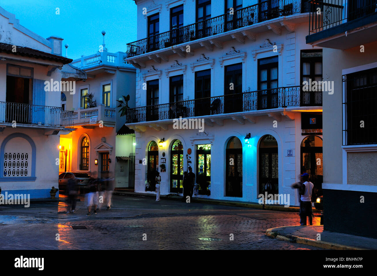 Panama Casco Antiguo Historic Town Panama City Central America old town houses dusk evening night lights Stock Photo