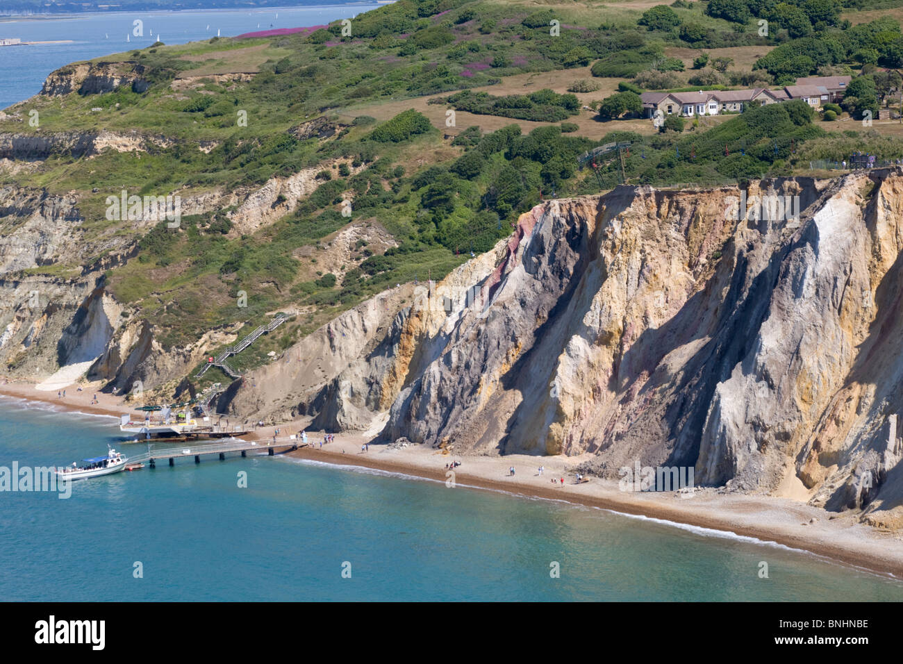 Alum Bay beach famous for its multi-coloured sand cliffs, Isle of Wight Stock Photo