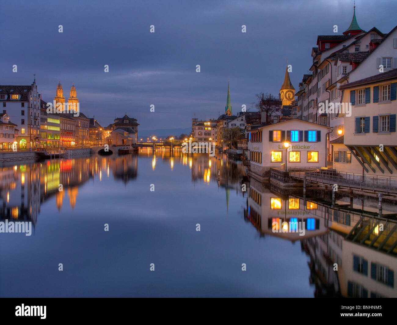 Switzerland zurich city limmat river st. Peter's church old town water ...