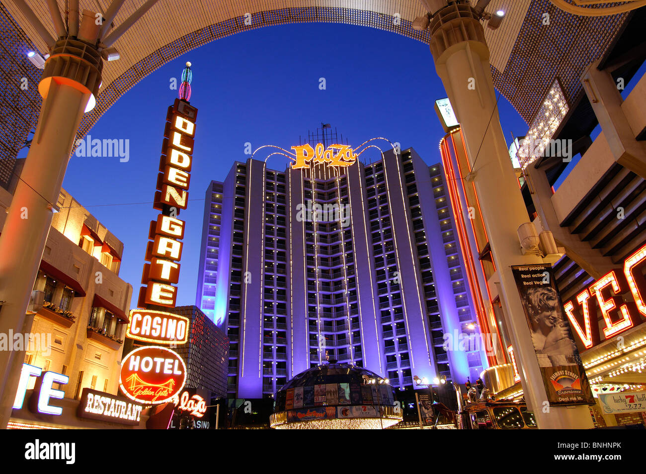 USA The Plaza Hotel & Casino Fremont Street Downtown Las Vegas Nevada  twilight lights night Stock Photo - Alamy