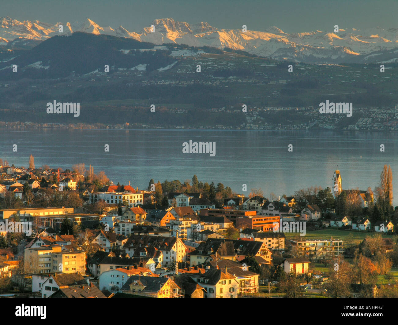 Switzerland Uetikon village Canton of Zurich overview overlook houses
