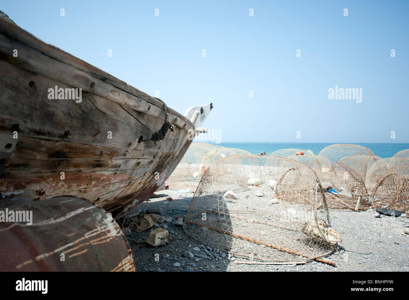 Traditional wooden fishing dhow in Musandam, Oman Stock Photo