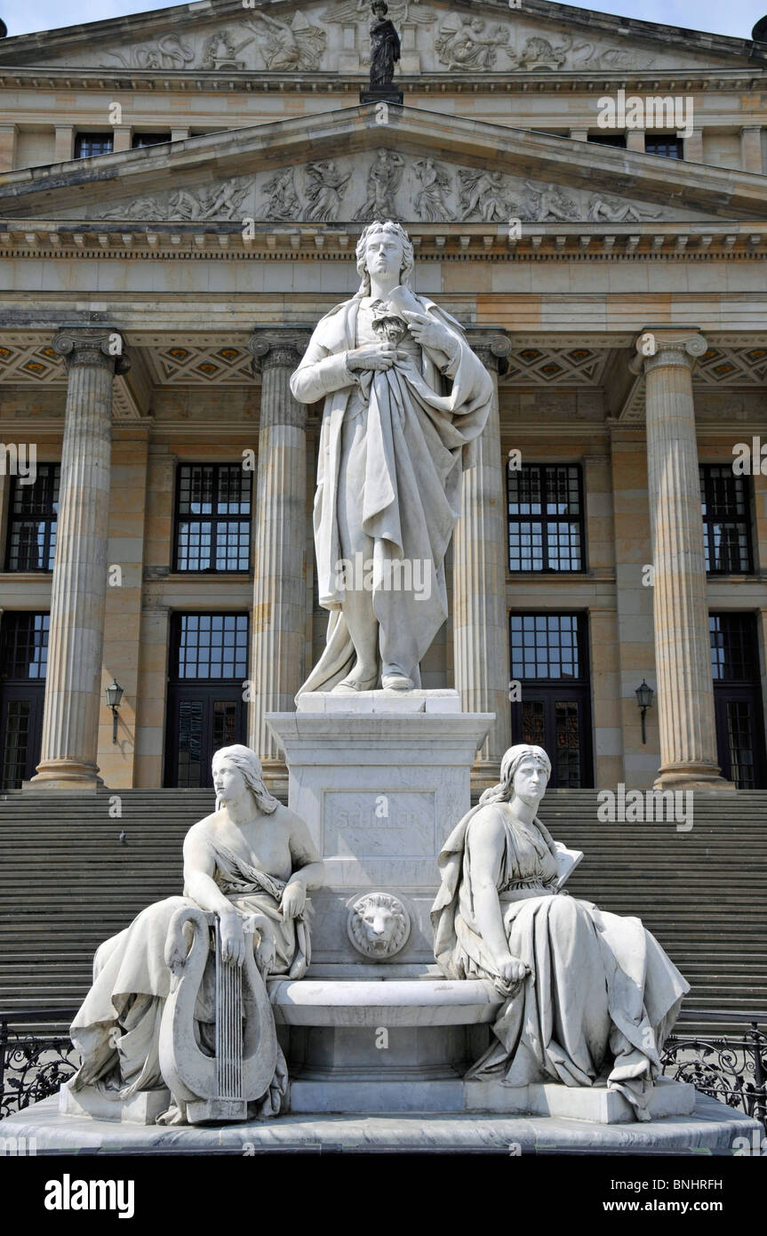Berlin city Schiller monument Konzerthaus Concert hall Gendarmenmarkt Germany Europe Classicism Architecture Historic Statues Stock Photo