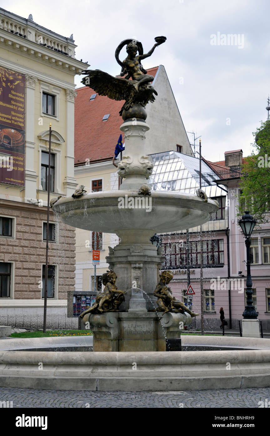 Fountain with sculpture group in front of Opera  Theatre, Bratislava,Slovakia,Europe Stock Photo