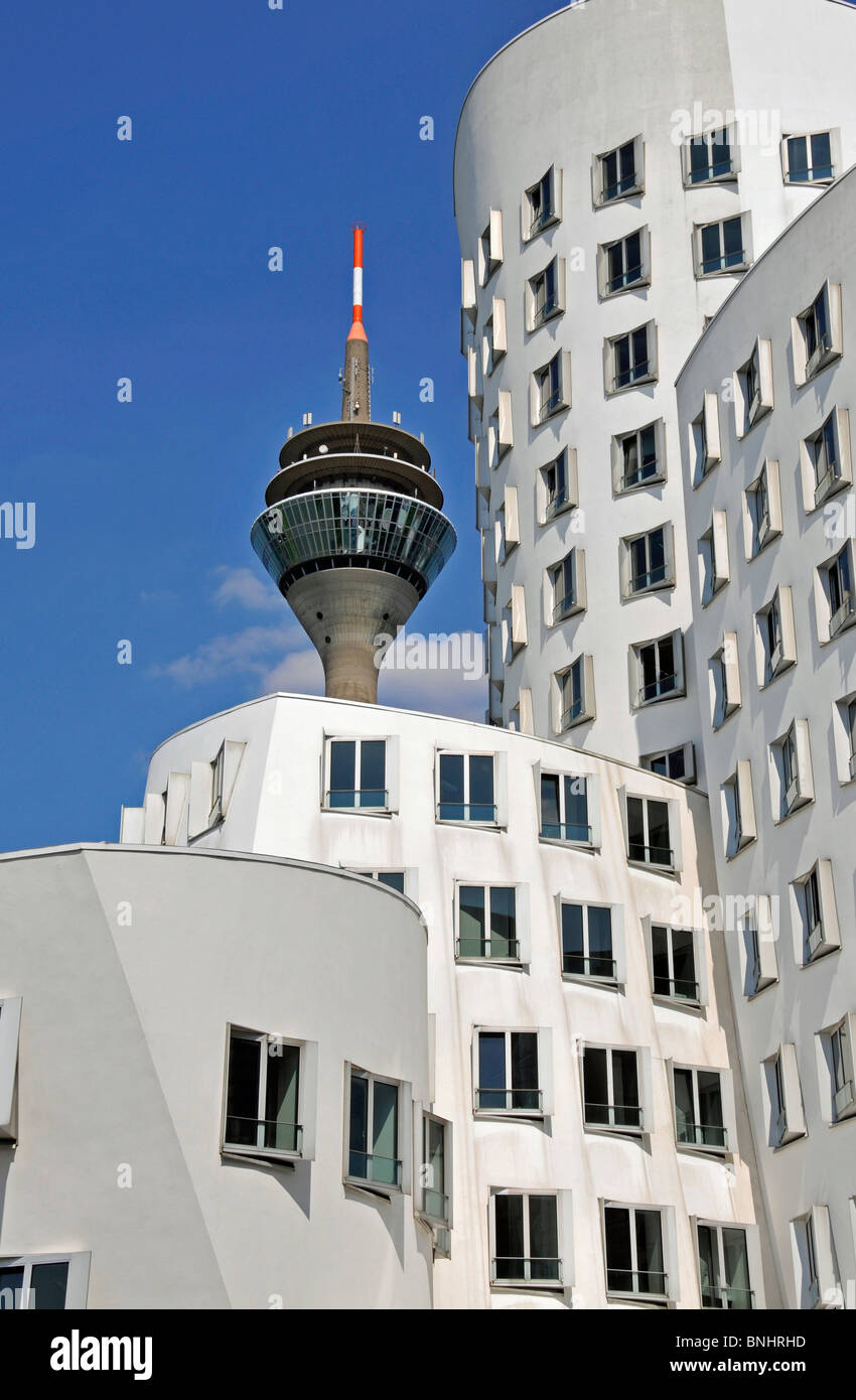 Gehry buildings Düsseldorf city North Rhine-Westphalia Germany Europe Frank Gehry Architecture modern Medienhafen Zollhof Stock Photo