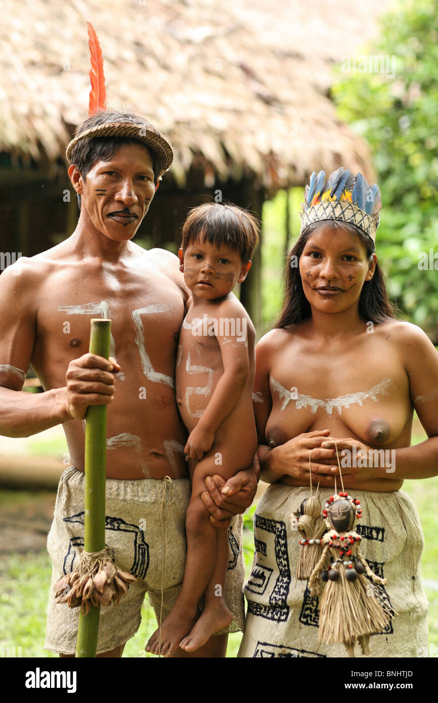 Pevas Peru Amazon rainforest Amazonia Jungle forest river tropics tropical indigenous Americans Huitoto people native natives Stock Photo