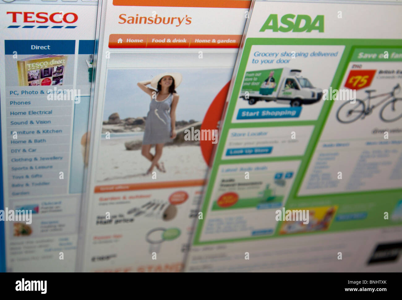 Tesco, Sainsbury's and Asda supermarket websites Stock Photo