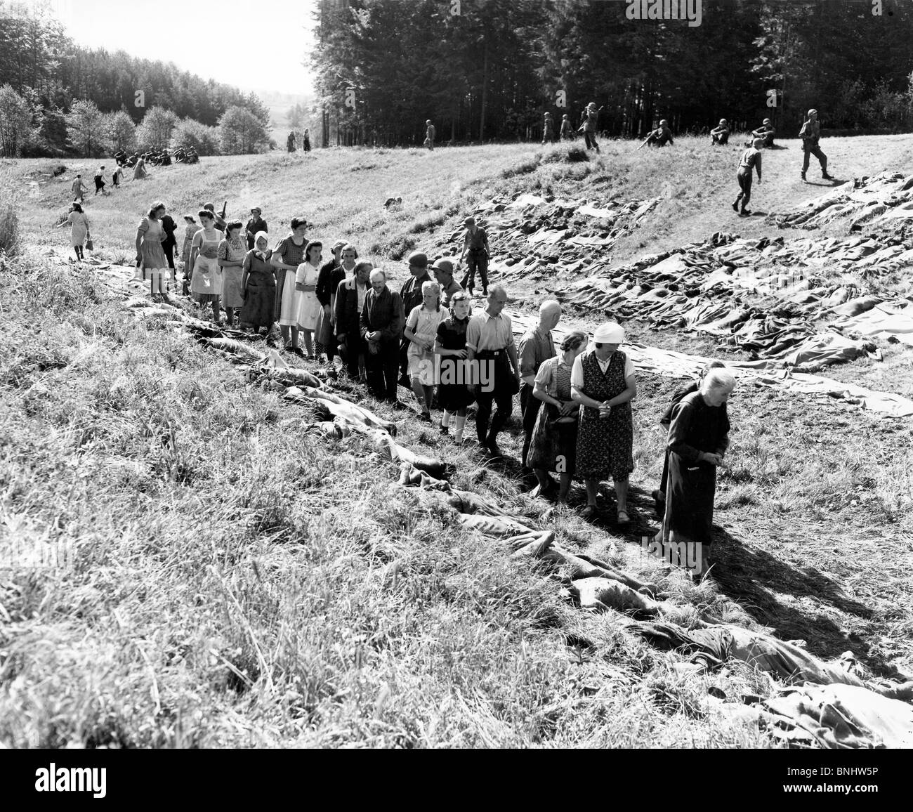 World War II German population of Passau Bavaria 800 corpses Russian slave laborers murdered by S.S. forces dead Russians shot Stock Photo
