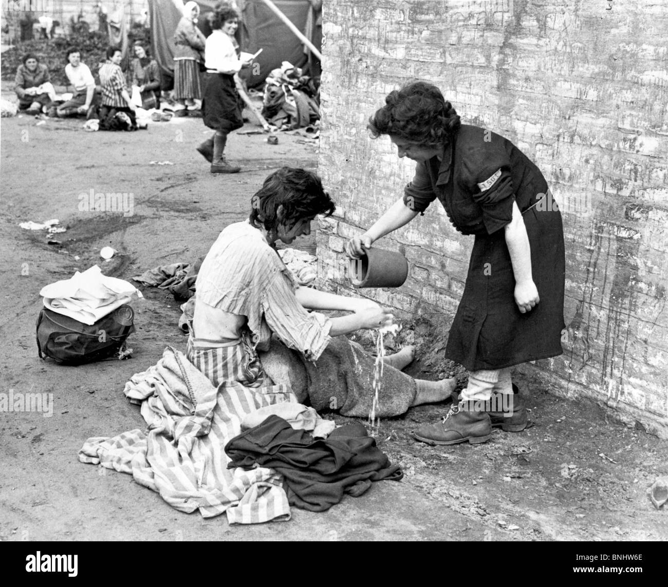 World War II Bergen-Belsen concentration camp Holocaust Germany April 1945 history historical historic prisoners prisoner Nazi Stock Photo