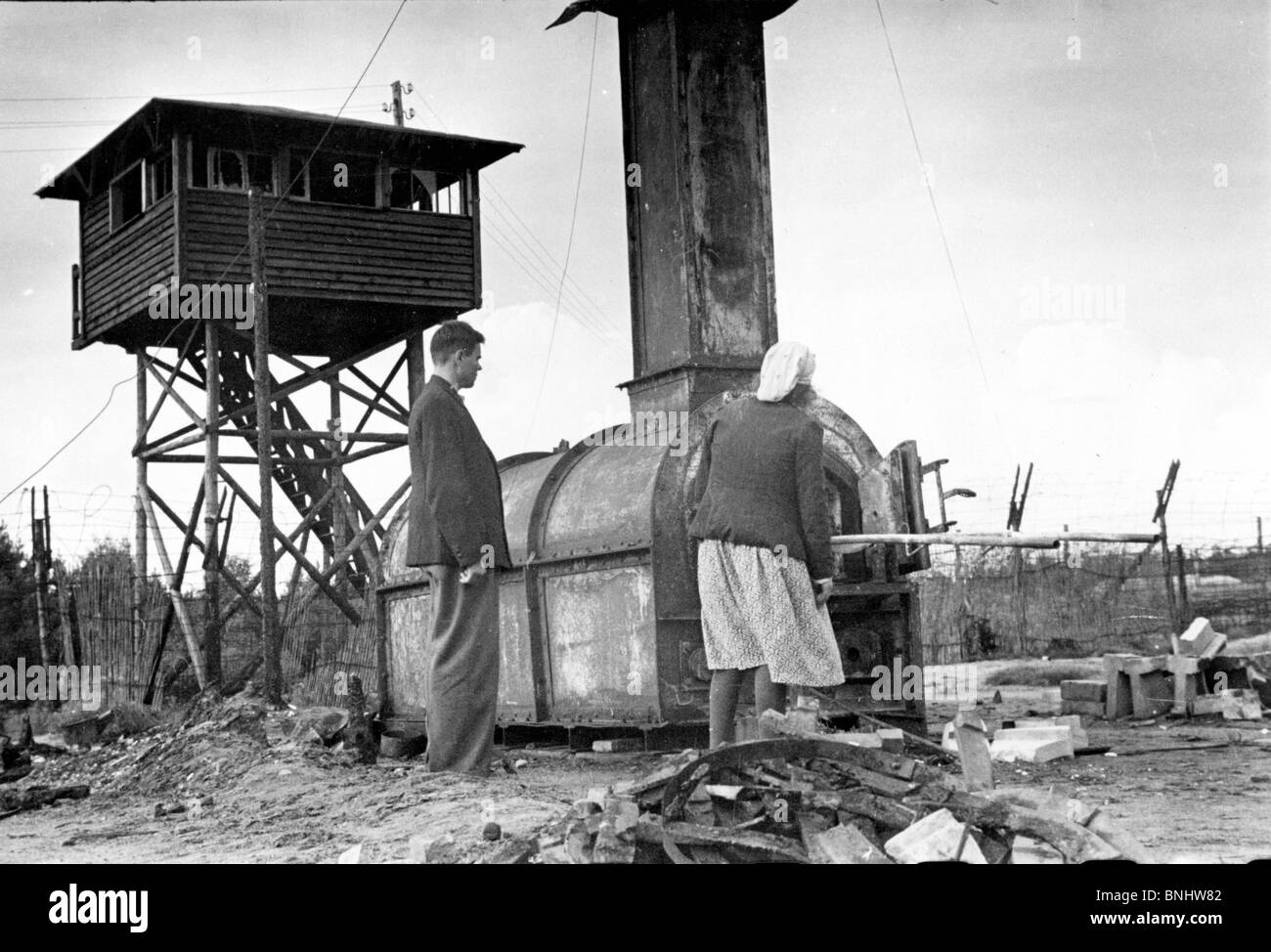 World War II Bergen-Belsen concentration camp Holocaust Germany April 1945 history historical historic prisoners prisoner Nazi Stock Photo