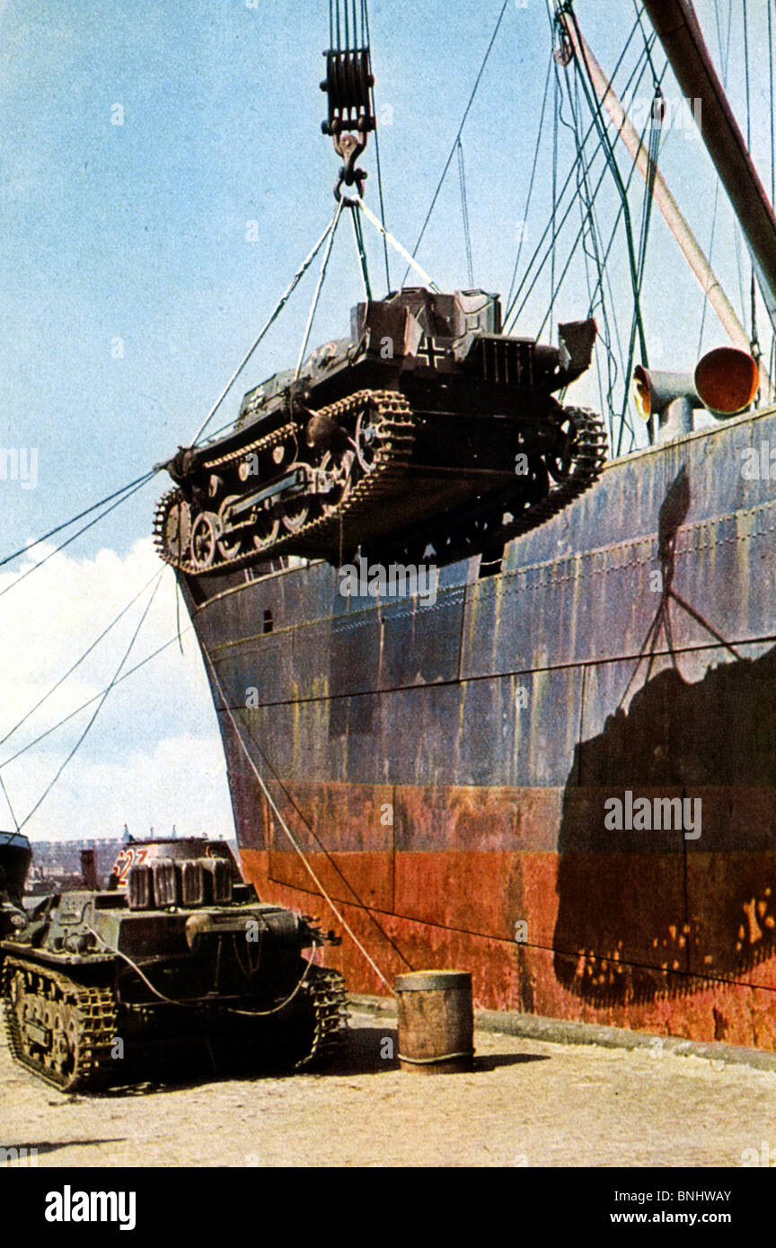 World War II Nazi Germany Tanks freighter freight ship harbour harbor German Nazis artillery between 1939-1940 Second World War Stock Photo