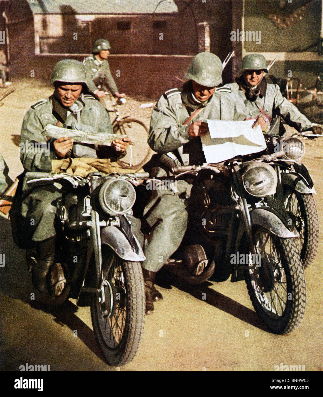 World War II German troops motorcycle study road maps Invasion of France June 1940 Second World War WW2 war military army Stock Photo