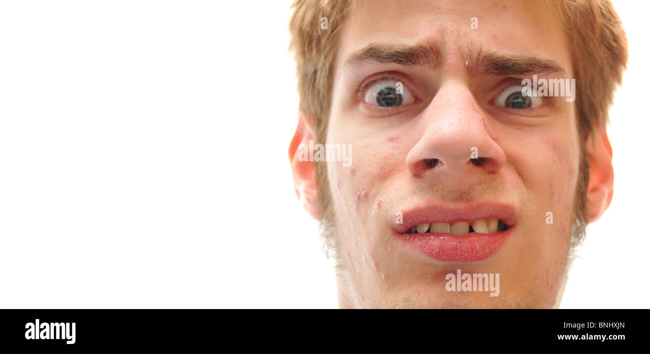 Confused white caucasian man isolated on white with blank empty copy space on left side Stock Photo
