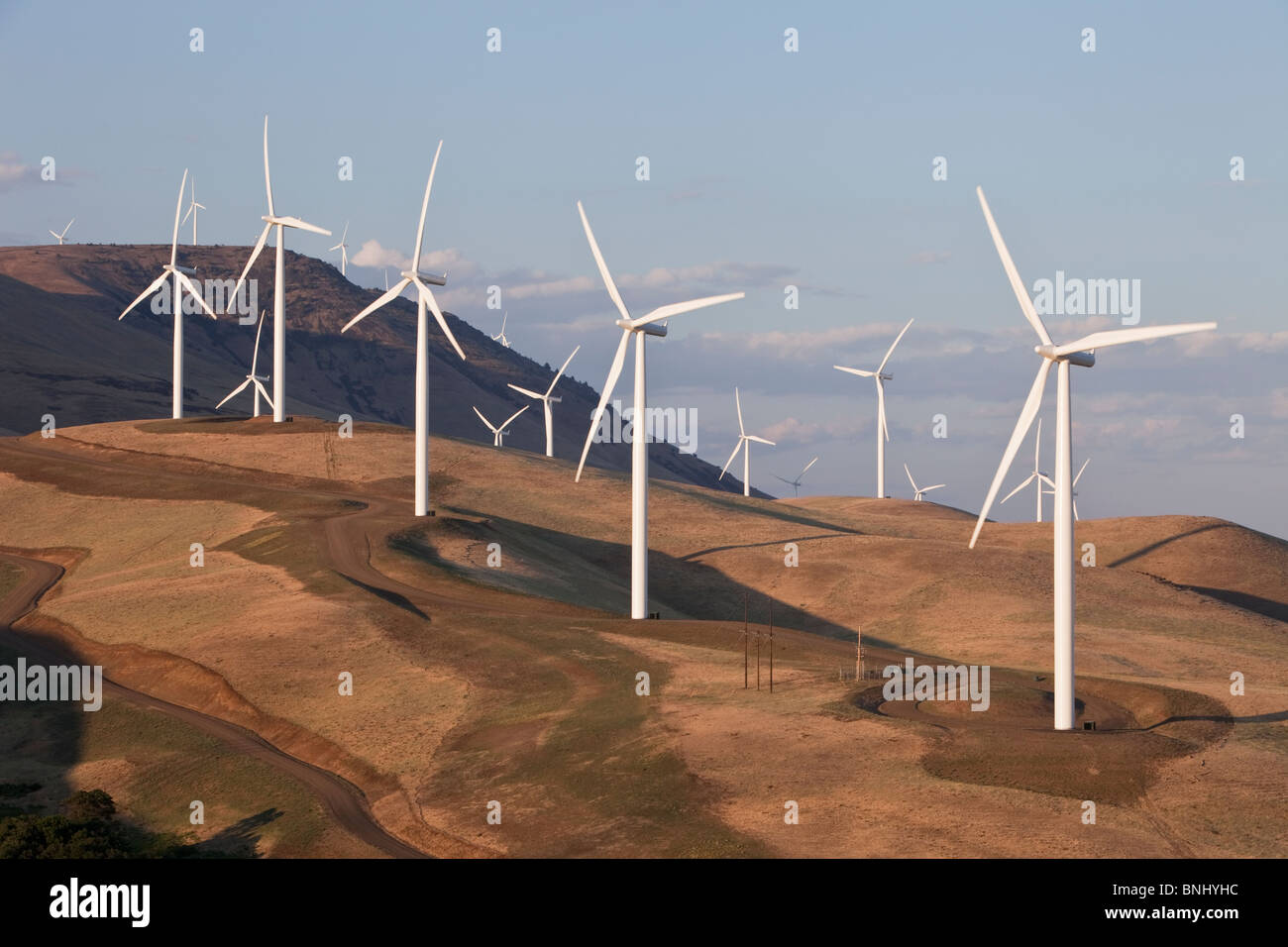 Wind farm, native flora, Columbia River Gorge, WA. Stock Photo