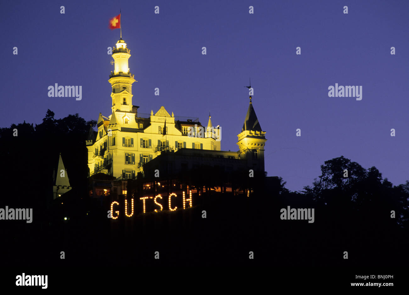 Europe Switzerland Canton of Lucerne Lucerne town City of Lucerne Chateau Gütsch Gütsch hotel lights illuminated castle-like Stock Photo