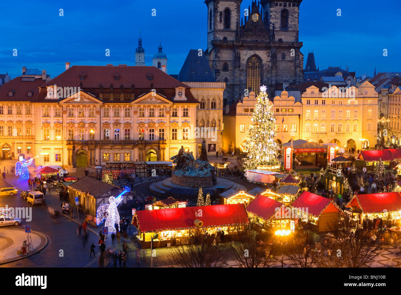 Czechia Prague Christmas lights Christmas market Old Town Stare Mesto church place tradition traditional twilight evening Stock Photo