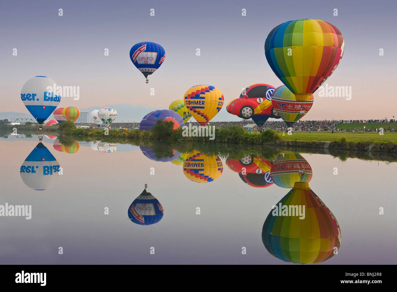 Japan Asia Kyushu Iceland saga city balloons balloon festival hot-air balloon lake sea aviation Stock Photo