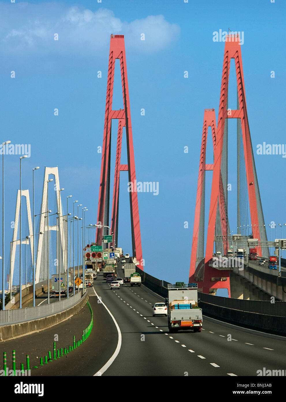 Japan Asia Mie Province Nagoya city bridge suspension bridge traffic, Stock Photo