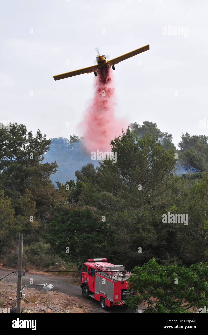 Israel, Haifa Carmel Mountain Forest, Aircraft dropping fire retardant on a wildfire Stock Photo