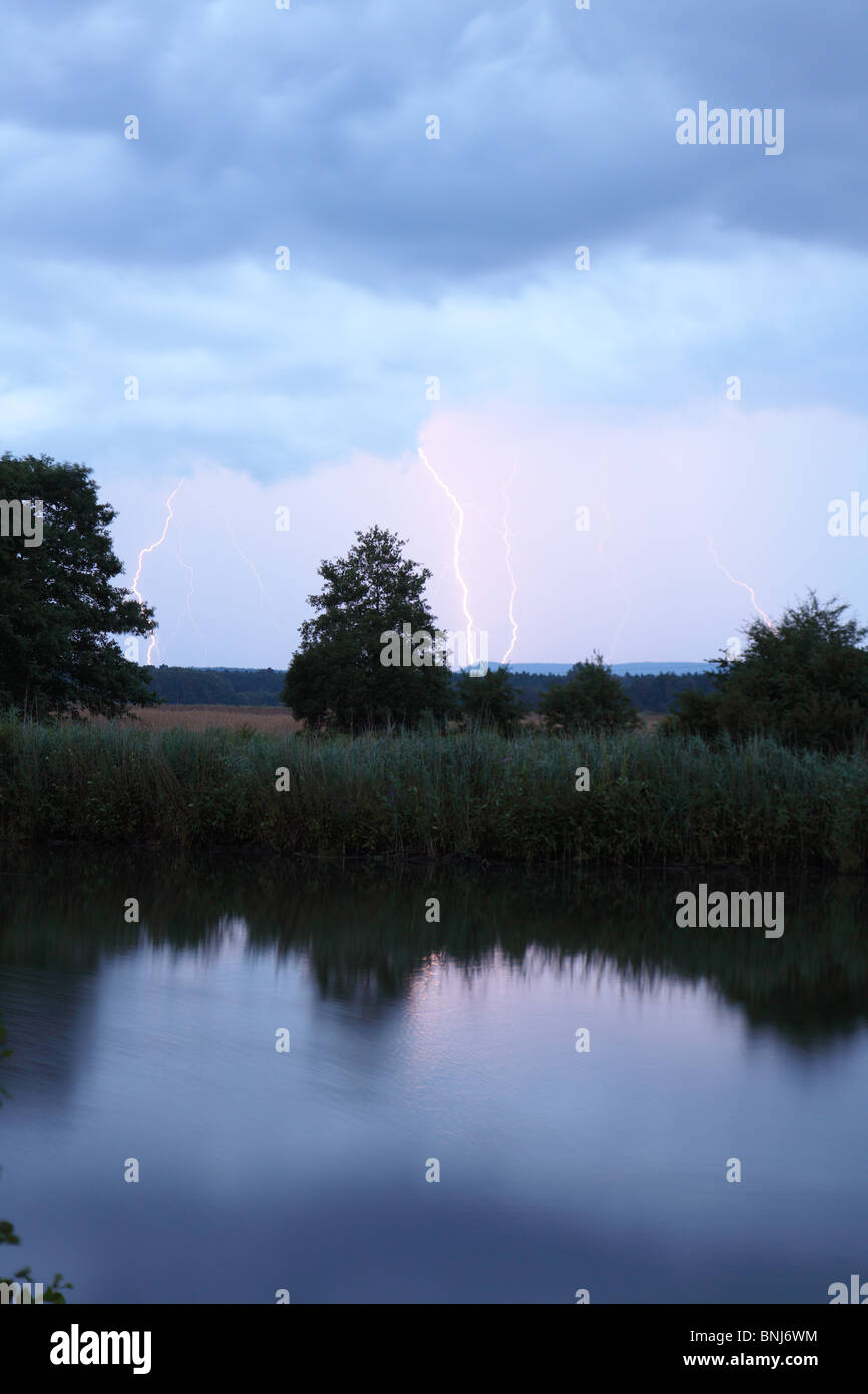 stormy weather with lightning over Regnitz River, Bamberg, Germany Stock Photo