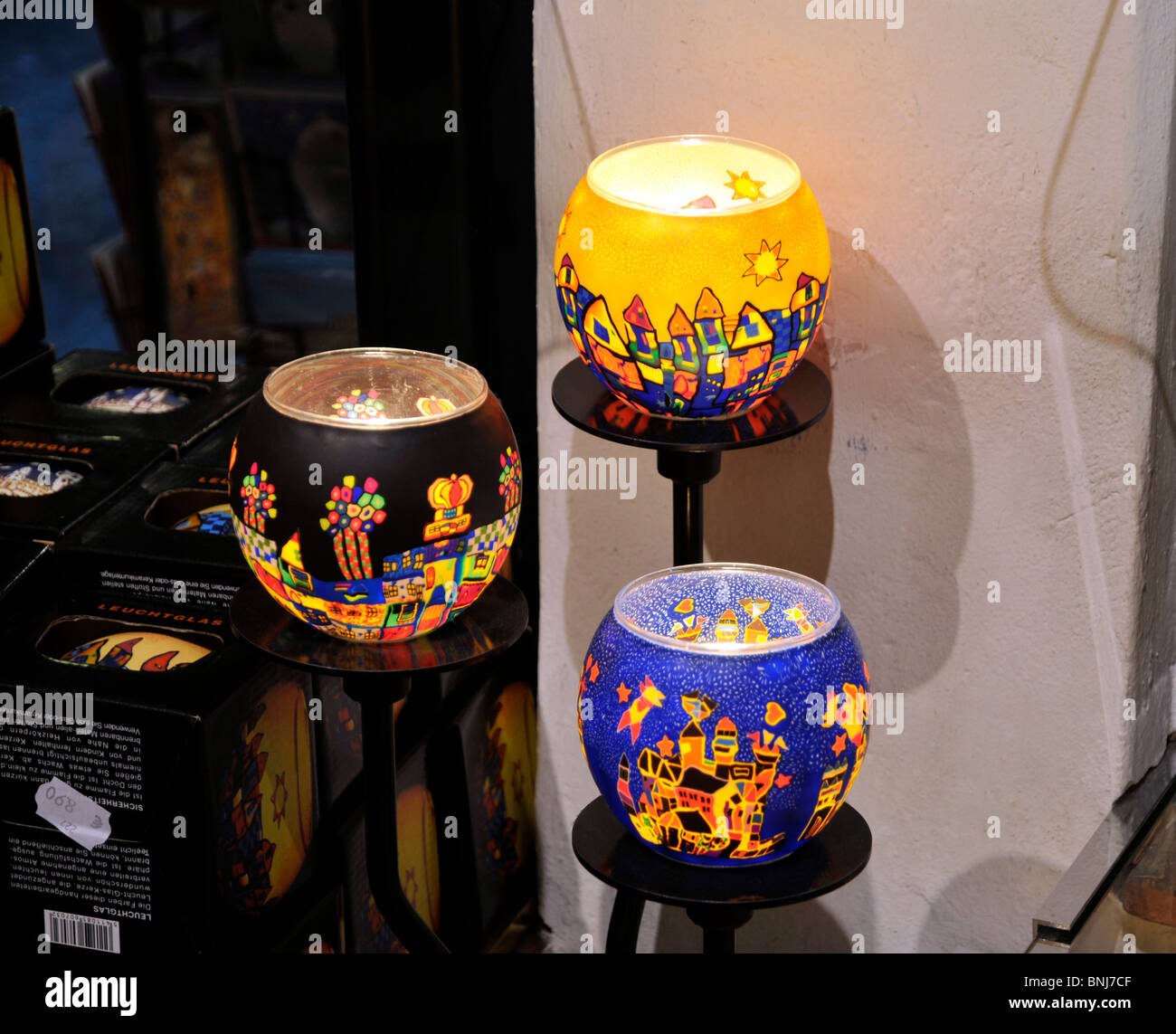 Art lamps in the souvenir shop of Hundertwasser House,Vienna,Austria,Europe  Stock Photo - Alamy