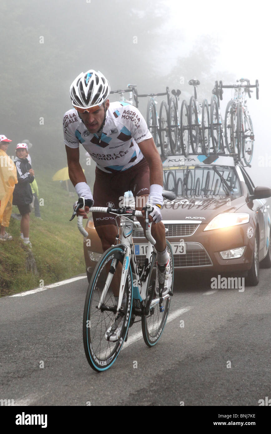 AG2R La Mondiale cyclist competing in stage 17 of the 2010 Tour de France on the Col du Tourmalet in the French Pyrenees Stock Photo