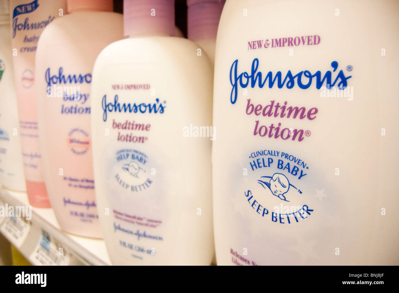 Johnson & Johnson brand baby lotions are seen on a supermarket shelf in New York Stock Photo